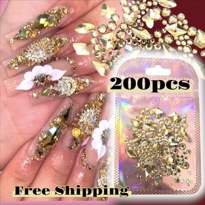 200 Pcs Gold Nail Art Rhinestones 3D Charms, Jewelry, DIY